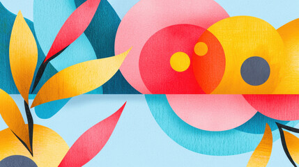 Poster - Abstract colorful geometric paper cutout shapes with organic floral elements and bright vibrant colors on a soft textured background for creative design