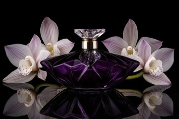 Poster - Purple perfume bottle amidst delicate blossoms.