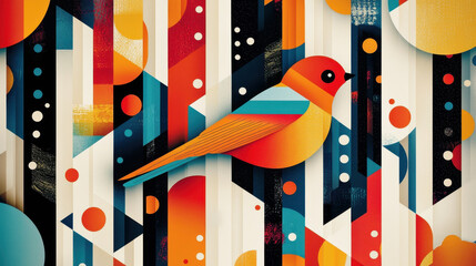 Poster - Vibrant abstract geometric artwork featu a stylized bird with colorful shapes and patterns in a modern design style perfect for art and decor
