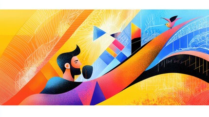 Poster - Abstract illustration of a person reaching towards colorful geometric shapes and a bird with vibrant dynamic background, blending modern artistic design elements