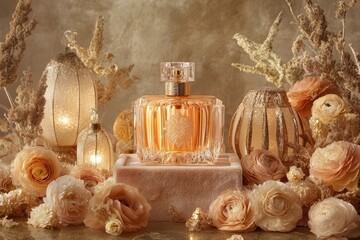 Poster - Elegant perfume bottle displayed amidst  decorative elements.