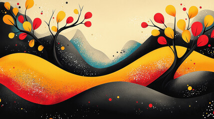 Poster - Abstract vibrant colorful landscape with stylized trees in warm hues and sweeping hills, modern artistic design with textured details and dynamic composition