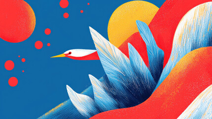 Poster - Vibrant abstract illustration of a stylized bird among colorful nature elements with bold shapes and textured patterns in a modern art style