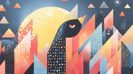 Poster - Abstract geometric illustration of a stylized bird with a long neck and prominent eye set against a vibrant sun and colorful cityscape background