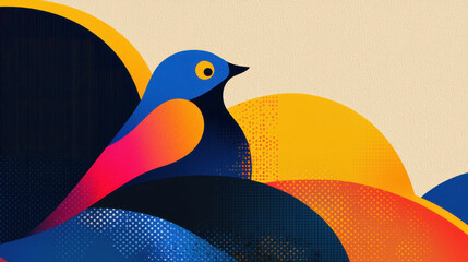 Poster - Abstract colorful bird illustration featu vibrant shades of blue orange pink and yellow with a modern geometric design and textured background