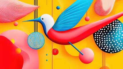 Poster - Vibrant colorful abstract modern artwork featu a stylized bird sculpture with bold hues and playful geometric shapes in a lively contemporary design