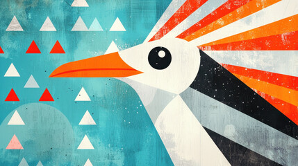 Poster - Artistic illustration of a stylized white bird with an orange beak and vibrant red and orange striped set against a colorful abstract background with geometric shapes