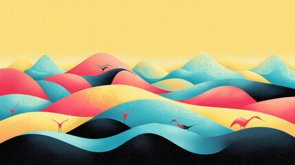 Poster - Abstract landscape with colorful layered hills in shades of pink blue yellow and black creating a vibrant and surreal scene with smooth flowing shapes