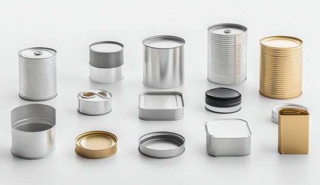 Assortment of metal cans and lids in various sizes and shapes