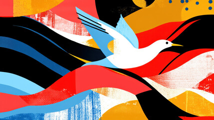 Poster - Abstract artistic illustration featu a flying bird with vibrant red, blue, black, and white colors, dynamic flowing lines, and bold textured background design