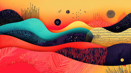 Poster - Vibrant abstract landscape with flowing colorful waves geometric patterns and dotted accents on warm sunset background for artistic design