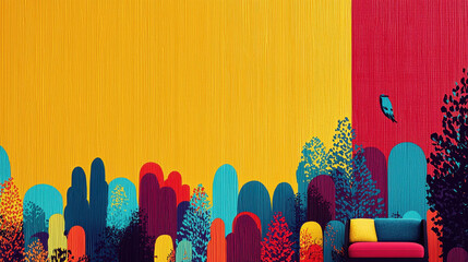 Poster - Vibrant and colorful abstract landscape mural with tall psychedelic plants and whical trees in vivid shades of yellow red blue and green perfect for creative interior design