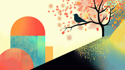 Poster - Abstract colorful landscape with stylized tree bird and geometric shapes in warm tones for artistic creative design and modern visual artwork