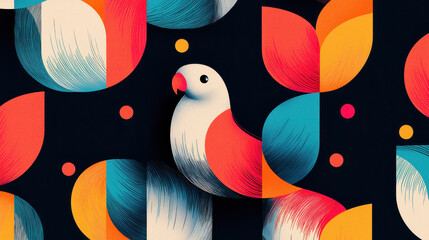 Poster - Bright colorful abstract geometric pattern with a stylized bird and leaf shapes in vibrant shades of orange red blue and white on dark background