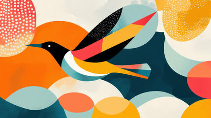 Poster - Vibrant Abstract Illustration of a Colorful Bird Flying Among Bright Geometric Shapes and Patterns in a Modern Artistic Style