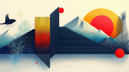 Aufkleber - Abstract Geometric Landscape with Mountain Peaks Sunset Sun Horizon Sunset Sunlight Tribar and Circle Elements Style Modern Digital Art Composition