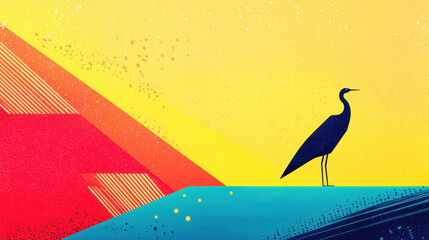 Poster - Modern abstract background featu vibrant colors and geometric patterns with a silhouette of a heron standing on a hill in a colorful artistic scene