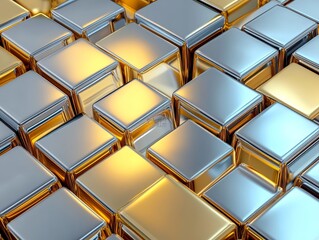 Poster - Abstract Isometric Background of Gold Silver and Chrome Metallic Cubes