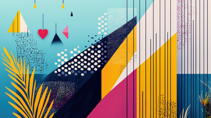 Aufkleber - Abstract geometric design with vibrant colors including pink yellow blue black and white with patterns lines dots shapes and tropical leaves for modern art background