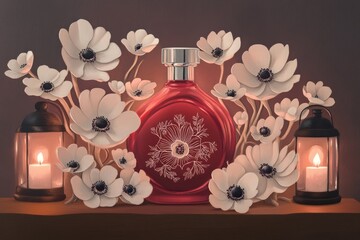 Poster - Elegant perfume bottle surrounded by delicate white flowers and lanterns.