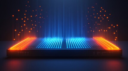 Poster - Abstract Neon Soundwave Explosion: Deep Blue and Fiery Orange Digital Art