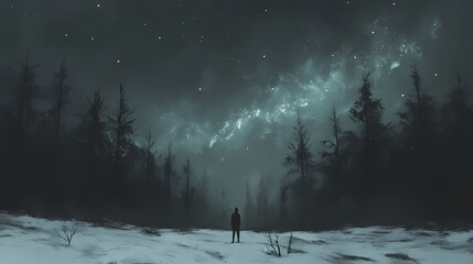 Wall Mural - Subtle gray aurora borealis, ethereal glow across a dark sky, cold, subtle. [Lanternblood Forest] | Hollowgleam Field | faint shine. Illustration