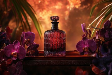 Poster - Luxurious perfume bottle, surrounded by vibrant orchids.