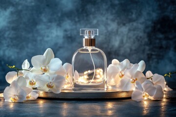 Poster - Elegant perfume bottle surrounded by white orchids.