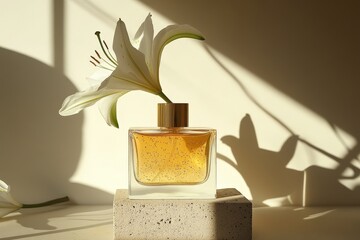 Poster - Elegant amber perfume bottle with a lily.