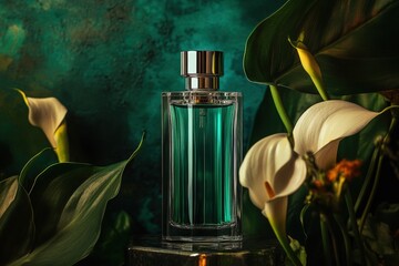 Poster - Teal perfume bottle surrounded by lush greenery and white flowers.