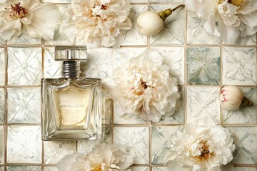 Poster - Elegant perfume bottle surrounded by delicate blossoms.