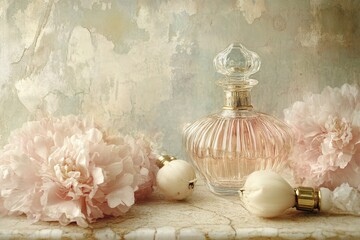 Poster - Delicate perfume bottle and blossoms on a marble surface.