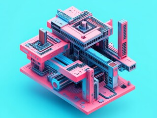 Poster - Abstract Pixelated 3D Structure in Pink and Cyan