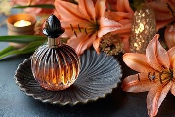 Poster - Elegant perfume bottle surrounded by orange lilies.