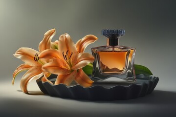 Poster - Elegant perfume bottle and lilies on a tray.