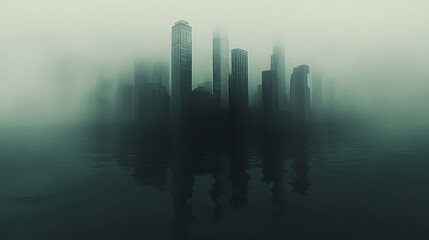 Wall Mural - Surreal floating city landscape with submerged skyscrapers. [Ocular City] | Ghost Reflection | faint trace. Illustration