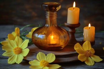 Poster - Amber glass bottle, candles, and yellow flowers on a rustic wooden surface.