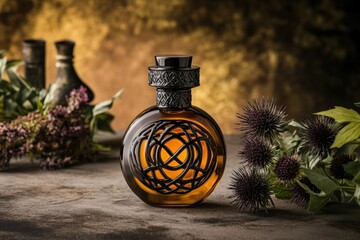 Poster - A round perfume bottle with intricate design on a rustic surface.