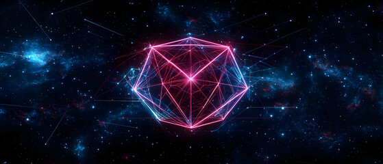 Poster - glowing geometric shape in pink and blue space