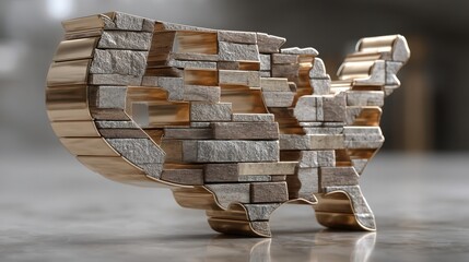 Poster - Creative wooden block pig sculpture showcasing artistic design and playful representation of animal form and structure