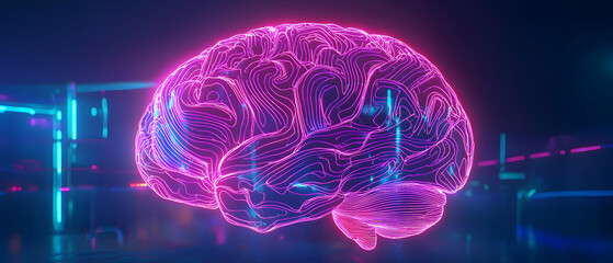 Poster - Neon Pink Glowing Brain Graphic Design