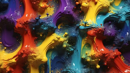 Poster - Abstract expression of vibrant paint mixing and merging with a splash texture and vivid coloration.