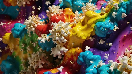 Poster - A vibrant and textural abstract scene featuring popcorn cascading over brightly colored paint blobs.