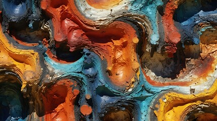 Poster - Abstract painted canvas showing layers of texture and bold hues creating depth and fluid motion.