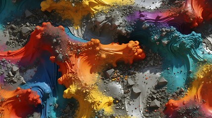 Poster - An abstract expressionist painting showcasing vibrant colors contrasted with rough, rocky textures.