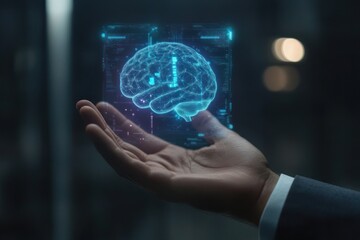 Poster - The Future of AI,  Hand Holding a Holographic Brain
