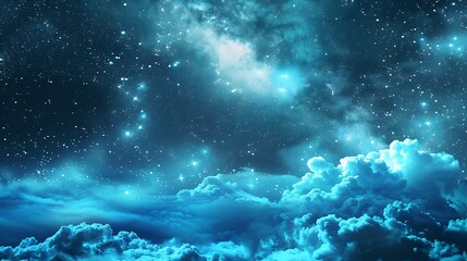 Wall Mural - night sky with glowing stars and clouds in shades of blue and teal