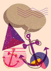 Poster - Risograph Anchor with speech bubble with geometric shapes. Objects in trendy riso graph print texture style design with geometry elements.
