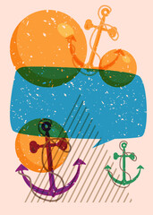 Poster - Risograph Anchor with speech bubble with geometric shapes. Objects in trendy riso graph print texture style design with geometry elements.