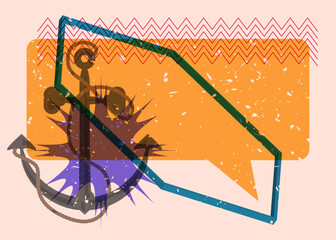 Poster - Risograph Anchor with speech bubble with geometric shapes. Objects in trendy riso graph print texture style design with geometry elements.